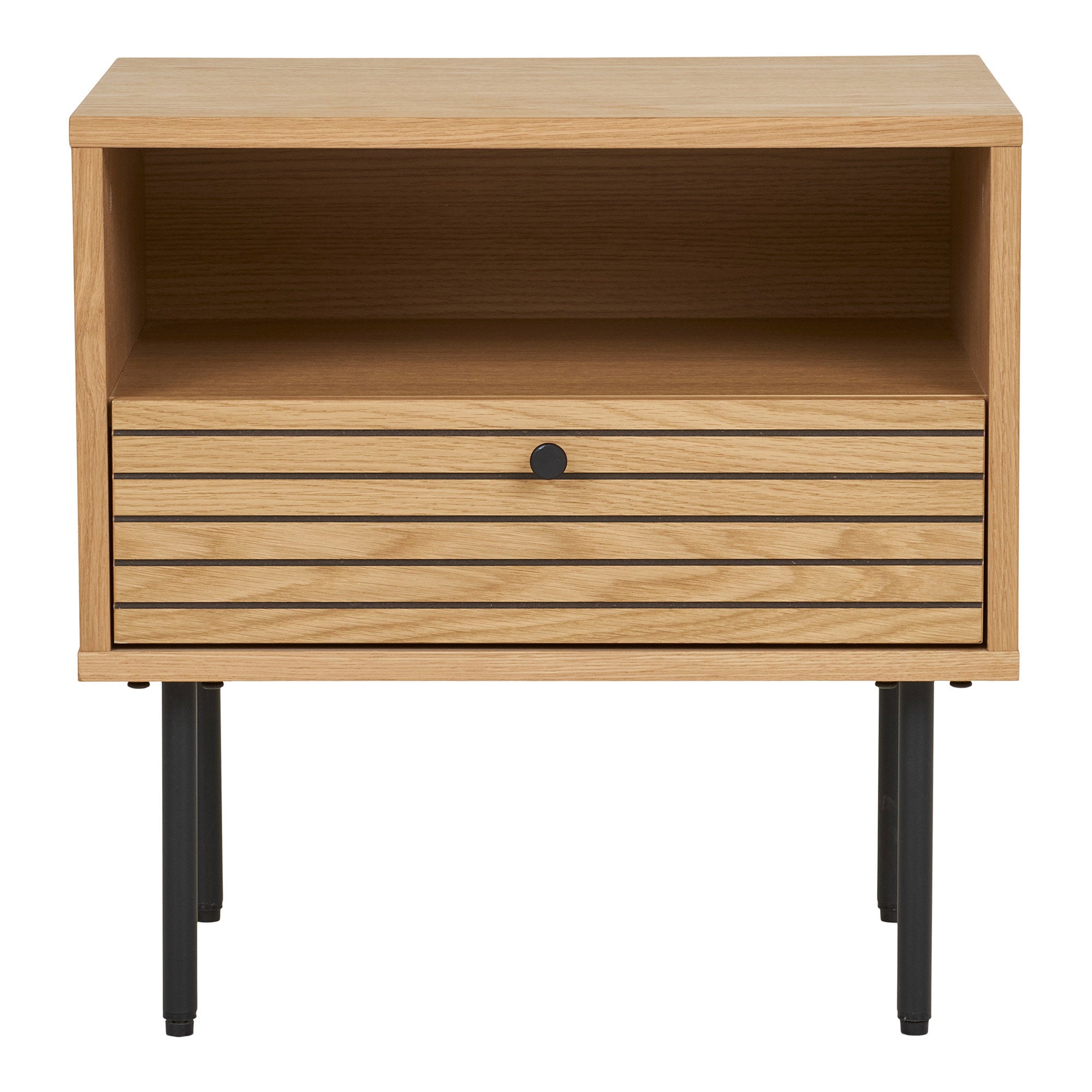 Kyoto Side Table - Side Table, 1 drawer, oak veneer, natural, black metal legs 50x40x50 cm