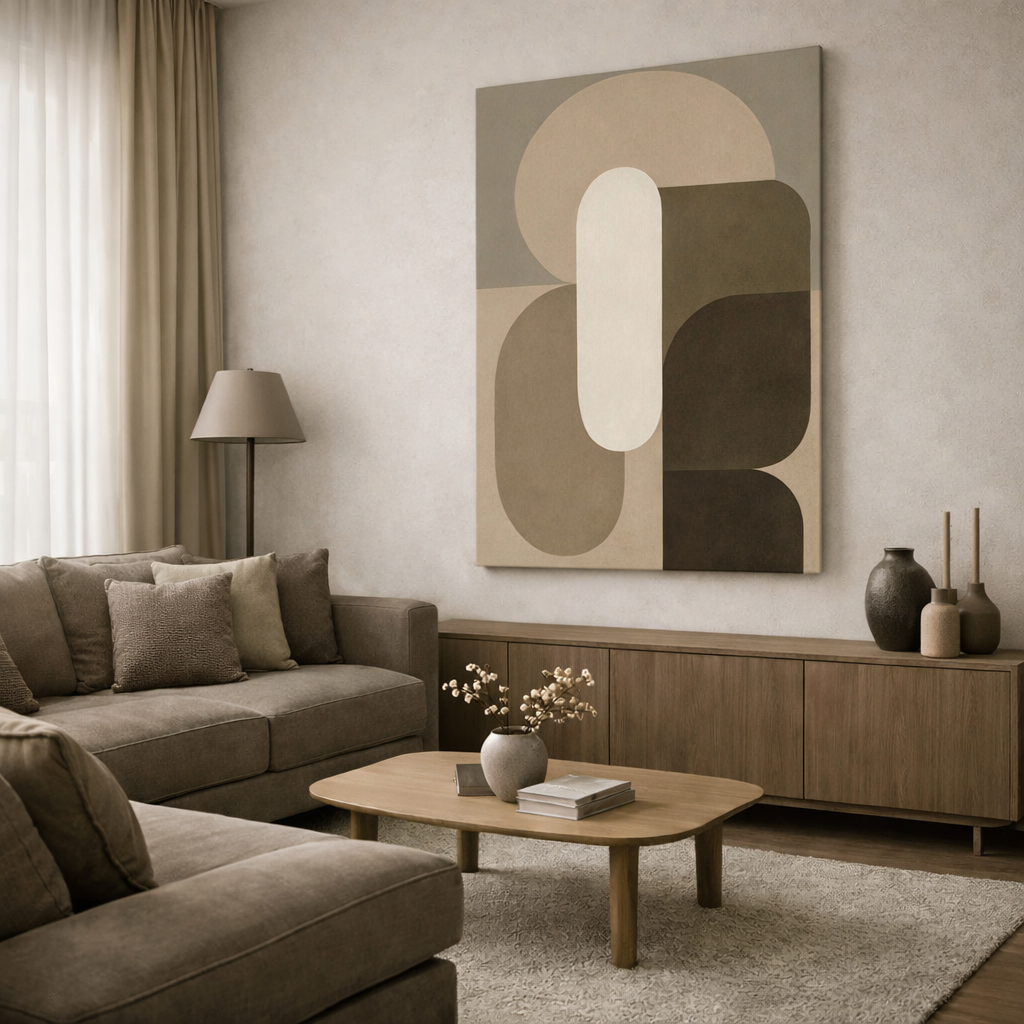 Modern living room with a brown sectional sofa, wooden coffee table, and abstract wall art.